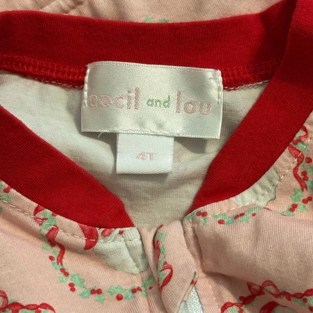 Cecil and Lou Kids Pink Santa Wreath Ruffle Pajama Sleeper 4T Holiday Christmas